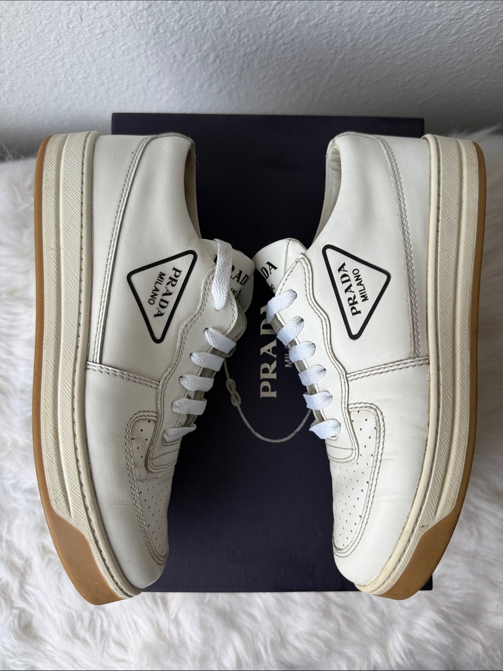 Prada White Leather Low-Top Sneakers with Gum Sole - Picture 4 of 8